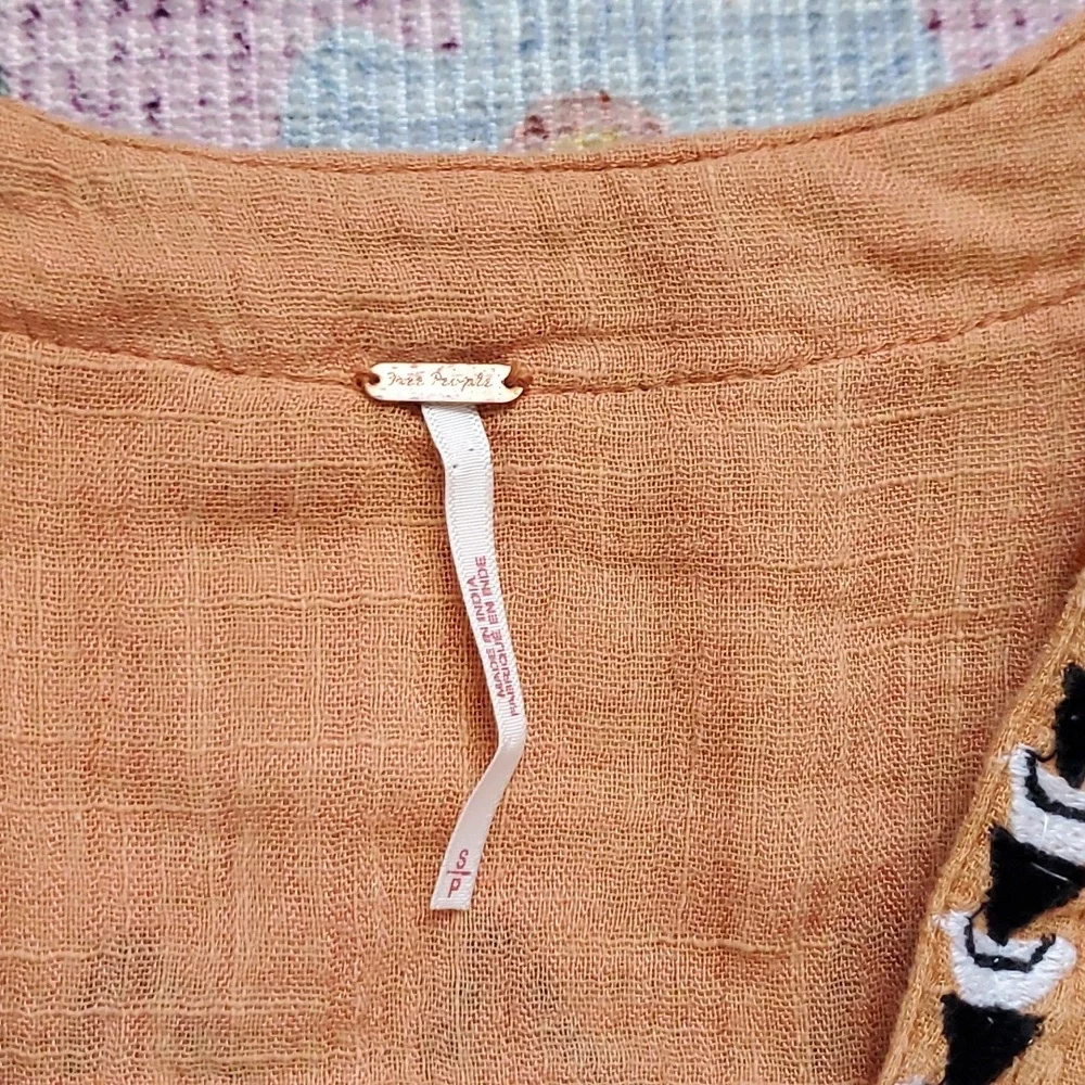 Free People Saffron Gauze Yerra Cotta Orange Embrpidered Boho Tunic Small - Picture 3 of 5